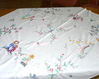 hand embroidered tablecloth white flowers, china motif, cotton 132 cm x 121 cm