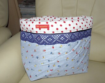 Wool basket, sewing basket, large Utensilo cotton volume fleece points check 36 cm x 30 cm