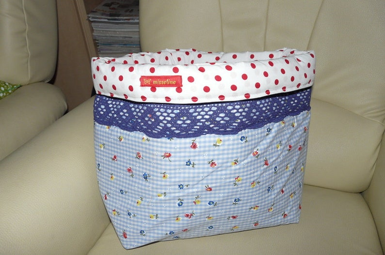 Wool basket, sewing basket, large Utensilo cotton volume fleece points check 36 cm x 30 cm image 1