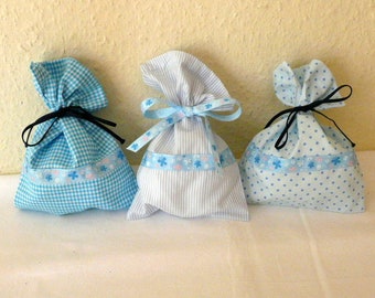 3 gift bags, blue cotton 20 cm x 15 cm.