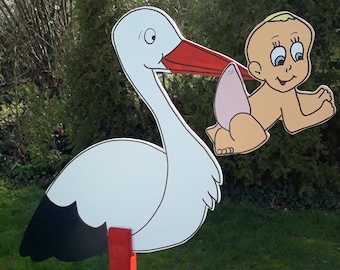 Herzding Klapperstorch Adebar  Holz Storch mit Baby im Schnabel