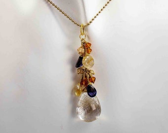 Rutilated quartz pendant with gold rutilated quartz, iolite, citrine, lemon quartz, 24-carat gold vermeil on a bead chain, gilded silver 925
