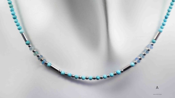 Turquoise necklace with blue Ethiopian Welo Opal, intermediate parts and carabiner closure in rhodium-plated silver 925