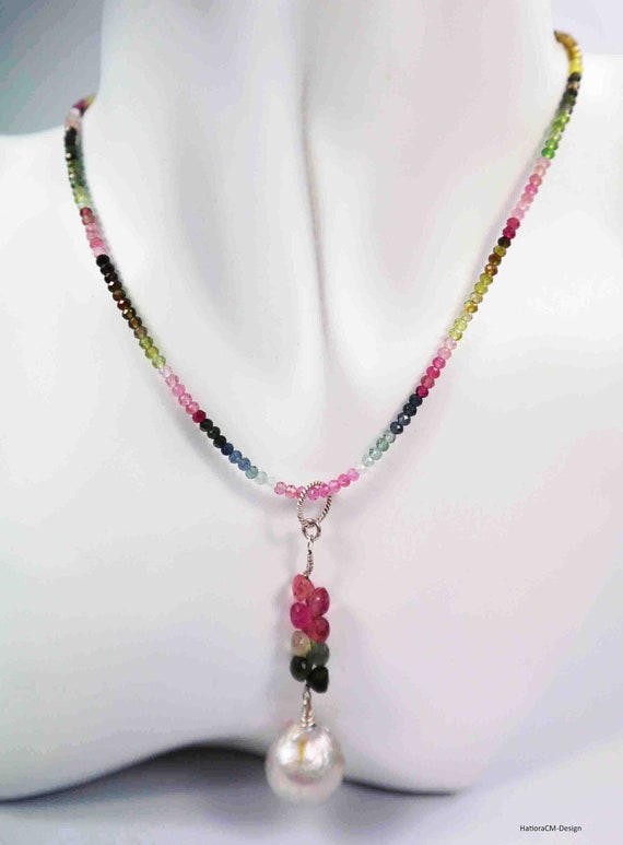 Silver-colored Edison pearl pendant with tourmalines (multicolor), silver (925); natural Edison pearl