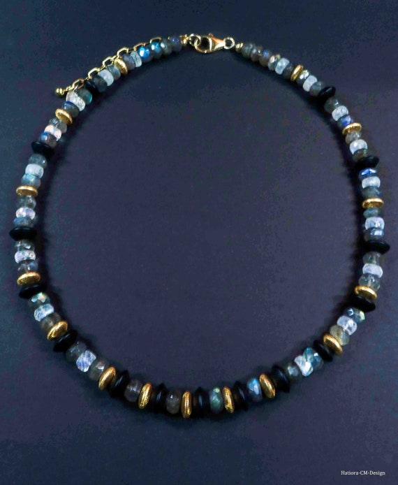 Necklace "Luna Gold" with labradorite, moonstones, Blackstone (black onyx) and silver 925 (gold-plated)
