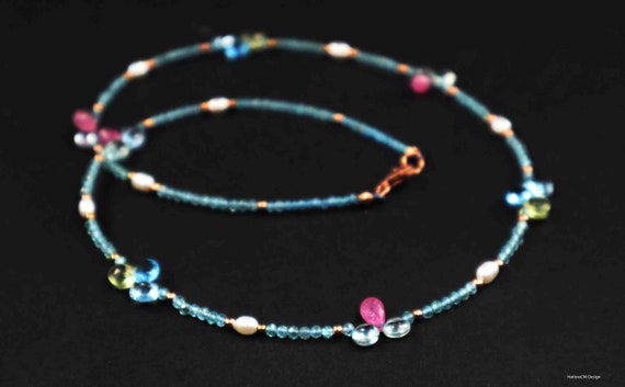 Apatite Necklace with Pink Sapphires, Ethiopian Welo Opals, Lemon Quartz, Topaz, Freshwater Pearls, 18 Karat Rose Gold