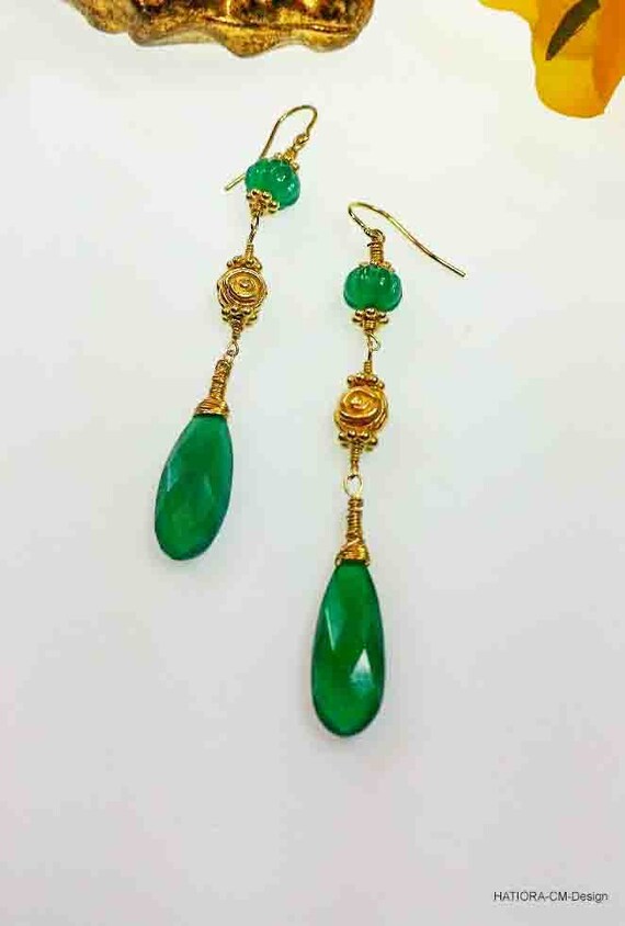 Green Onyx "Rose" Earrings in Gold (24K) Vermeil