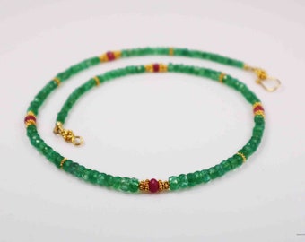 Emerald necklace (Zambia) with Burma rubies, spacers and clasp in 24k gold vermeil (925)