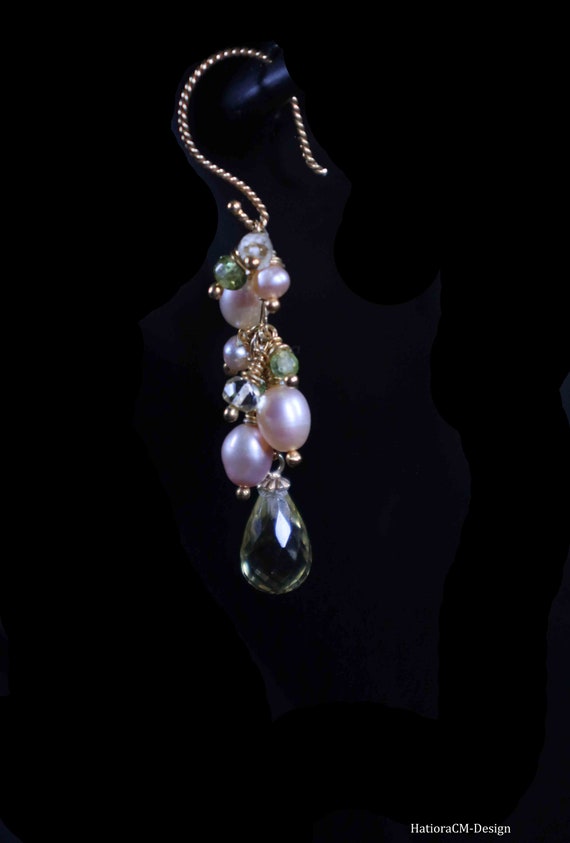 Lemon Quartz Earrings with Peridot, Lemon Quartz, Imperial Topaz, Gold Freshwater Pearls (24K) Vermeil