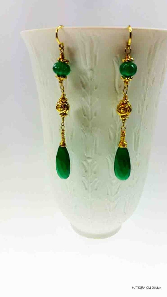 Green Onyx "Rose" Earrings in Gold (24K) Vermeil
