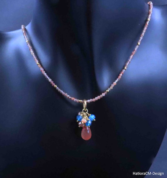 Copper rutilated quartz apatite sunstone pendant, 24 carat gold vermeil