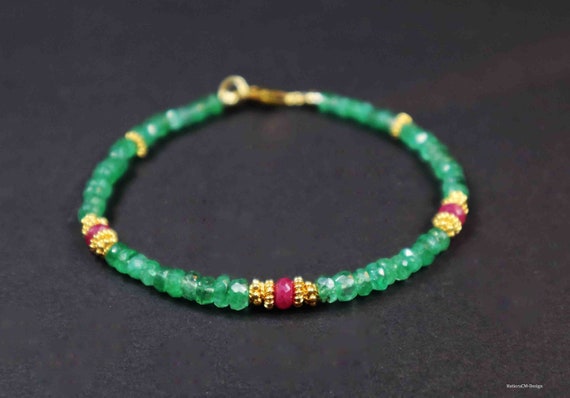 Emerald bracelet Burma rubies, spacers and clasp in 24k gold vermeil (925)