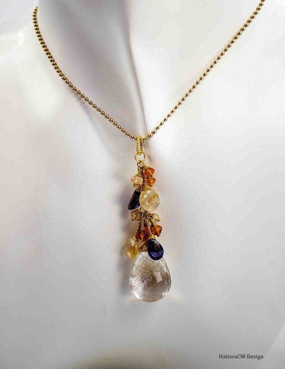 Rutilated quartz pendant with gold rutilated quartz, iolite, citrine, lemon quartz, 24 carat gold vermeil on a ball chain, silver 925 gold plated (70 cm)