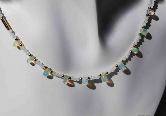 Moonstone necklace with Ethiopian Welo opals, with intermediate parts and carabiner clasp silver 925 (gold plated)