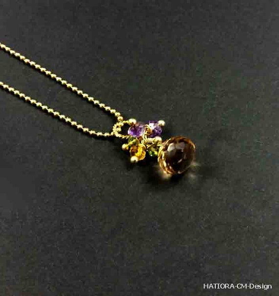 Champagne Ametrin Pendant with Amethysts, Citines, Peridot in Gold (24K) Vermeil, with Gold-plated Silver Chain (925)