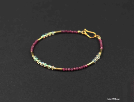 Ruby bracelet with opals, silver 925 (gold-plated), hook clasp