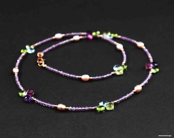 Amethyst Necklace with Peridot, Lemon Quartz, Sky Blue Topaz, Swiss Blue Topaz, Purple Amethyst, Purple Sapphire, 18 Karat Rose-Gold Vermeil