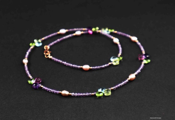 Amethyst Necklace with Peridot, Lemon Quartz, Sky Blue Topaz, Swiss Blue Topaz, Purple Amethyst, Purple Sapphire, 18 Karat Rose-Gold Vermeil