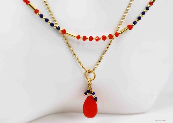 Carnelian pendant with lapis lazuli on a ball chain silver 925 gold plated
