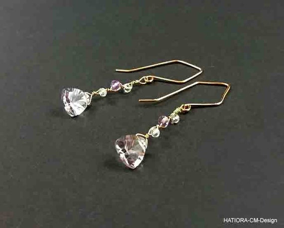 Pink Amethyst Trillion Earrings, 18 K Rose Gold (Vermeil)