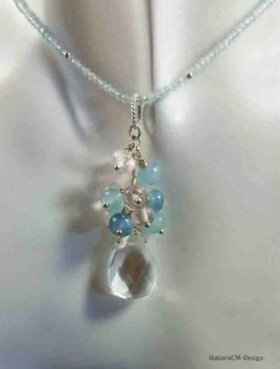 Aquamarine chain with morganite beryl rock crystal pendant, silver (925)
