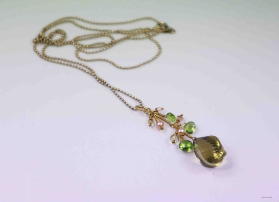Lemon quartz pendant with peridot, imperial topaz, lemon quartz on a long gold-plated silver chain (70 cm)