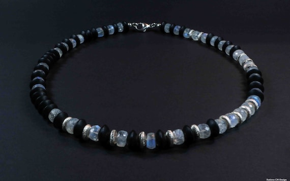 Necklace "Luna Silver" with moonstones, onyx (blackstone) and silver (925)