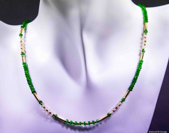 Chrome Diopside Necklace with Ethiopian Welo Opals, Silver 925 Gold Plated