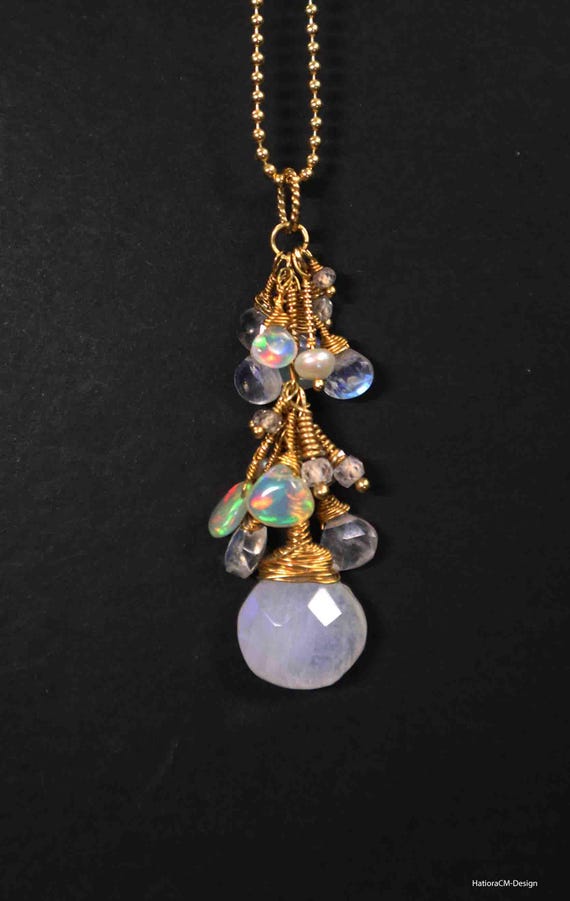 Moonstone pendant with welo-opals, zircons, freshwater pearls with 24 carat gold Vermeil on a ball chain silver 925 gold-plated