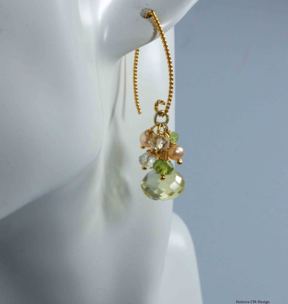 Lemon Quartz Earrings with Peridot, Imperial Topaz and Freshwater Pearls, 24 Karat Gold Vermeil (925)