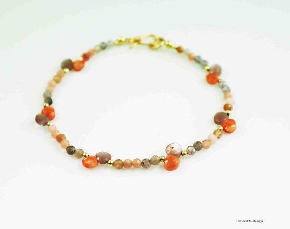 Peach Moonstone Bracelet, Silver (925) Gold Plated with Hook Clasp