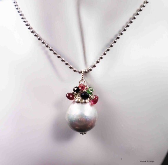 Silver Edison pearl with tourmalines on silver chain (925)