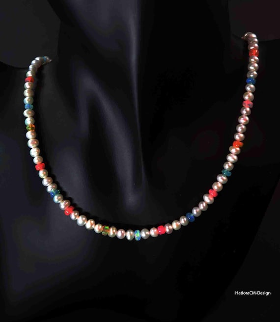 Pearl necklace with colorful Ethiopian opals, silver 925 gold-plated