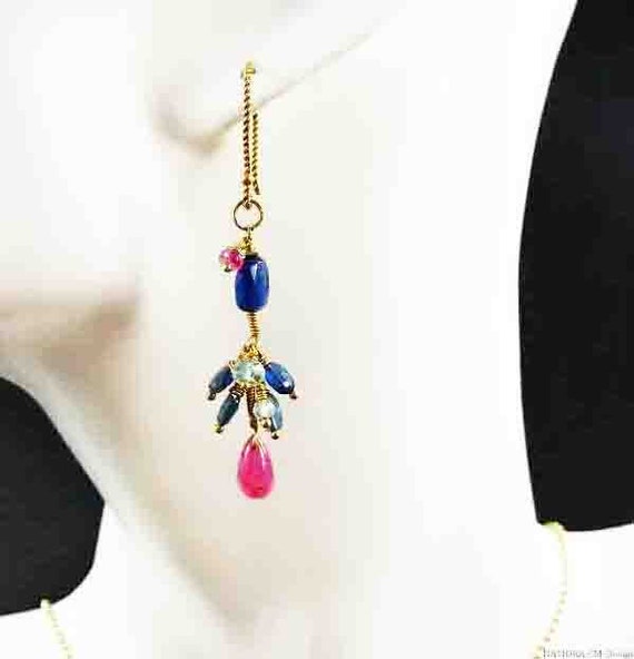 Ruby earrings with blue kyanite, light blue and white topping on 24 carat gold Vermeil