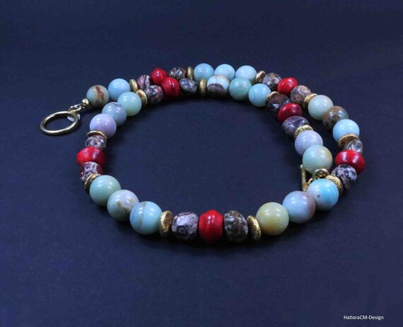 Amazonite Necklace with Leopard Jasper and Red Foam Coral and Intermediate Pieces and Clasp in Gold-Plated Silver 925