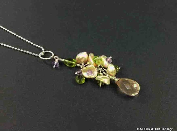 Copper rutile quartz pendant with keshi flowers on long silver chain (925), collection "Brioletta"