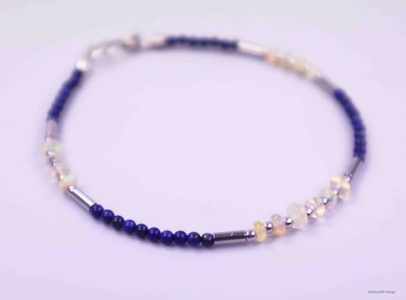 Lapis lazuli bracelet with Ethiopian opals (silver 925, gold-plated), hook closure