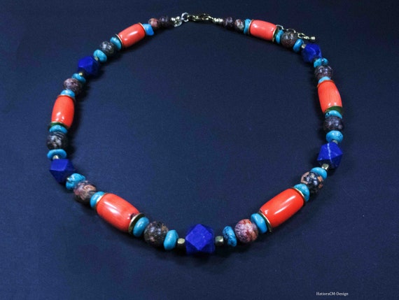 Leopard jasper necklace with lapis lazuli, turquoise and coral, gold-plated silver (925)