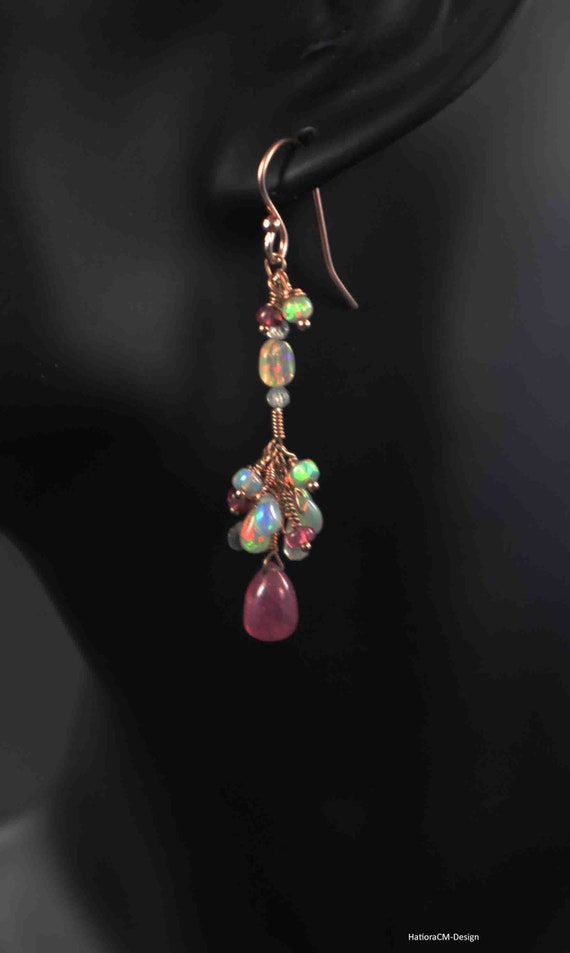 Ruby earrings with Ethiopian Welo opals, rubies and zircons on 18 carat Rose Gold Vermeil
