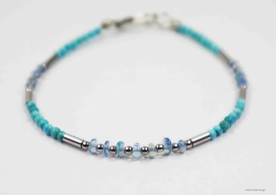 Turquoise bracelet with blue Welo opals, intermediate parts and hook closure in rhodium-plated silver (925)