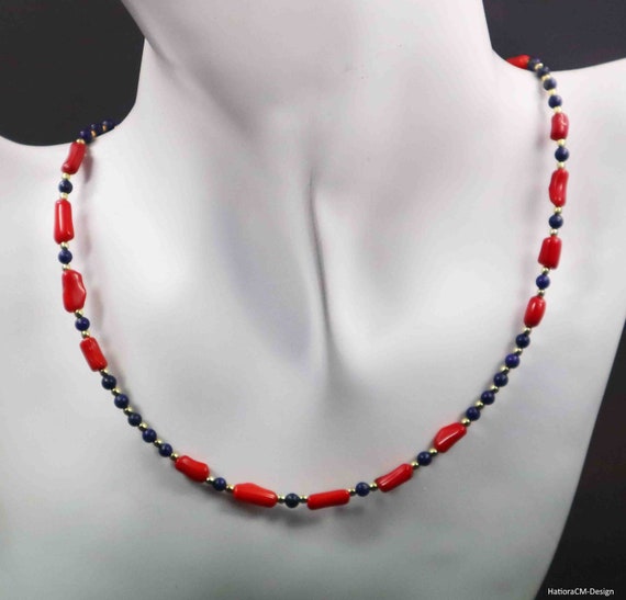 Lapis lazuli chain with coral and gold-plated intermediate parts and carabiner closure, silver (925) gold-plated
