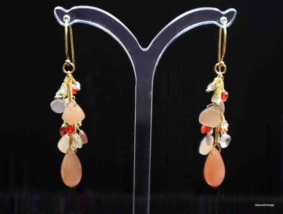 Peach moonstone earrings with chocolate moonstones, zircons with 24 carat gold vermeil on a 925 silver ball chain
