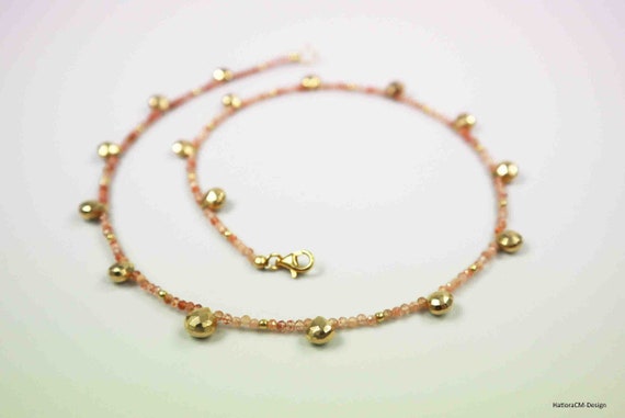 Sunstone necklace with golden pyrites, carabiner closure silver 925 gold-plated