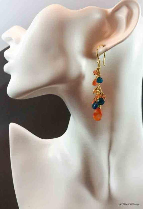 Copper rutilated quartz earrings with sunstone, apatite, and fire opal on 24-karat gold vermeil