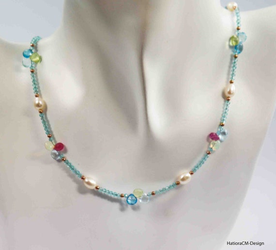 Apatite Necklace with Pink Sapphires, Ethiopian Welo Opals, Lemon Quartz, Topaz, Freshwater Pearls, 18 Karat Rose Gold