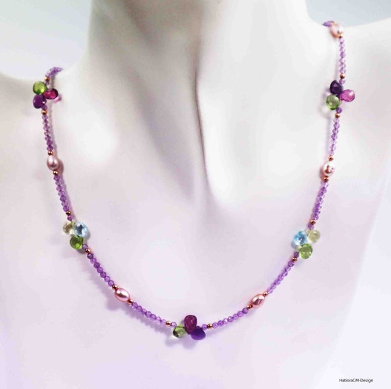 Amethyst Necklace with Peridot, Lemon Quartz, Sky Blue Topaz, Swiss Blue Topaz, Purple Amethyst, Purple Sapphire, 18 Karat Rose-Gold Vermeil