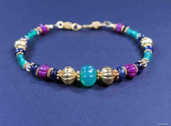 Green Onyx Bracelet with Rubies, Kyanite and 24 Karat Gold Vermeil (925) Intermediate parts and clasp
