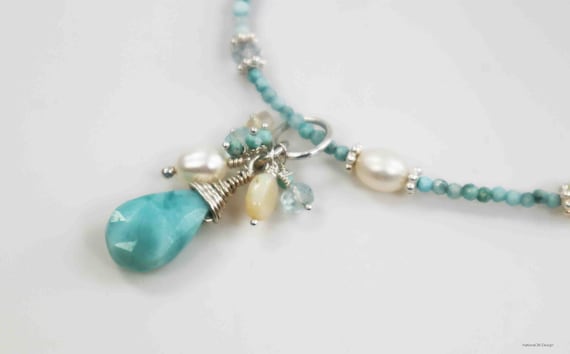Larimar necklace with Ethiopian Welo opals, sky blue topaz, freshwater pearls, rhodium-plated silver (925)
