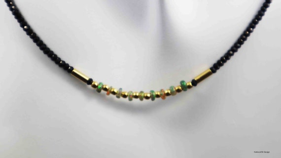 Spinel necklace with Ethiopian black opals, with intermediate parts and lobster clasp silver 925 (gold-plated)