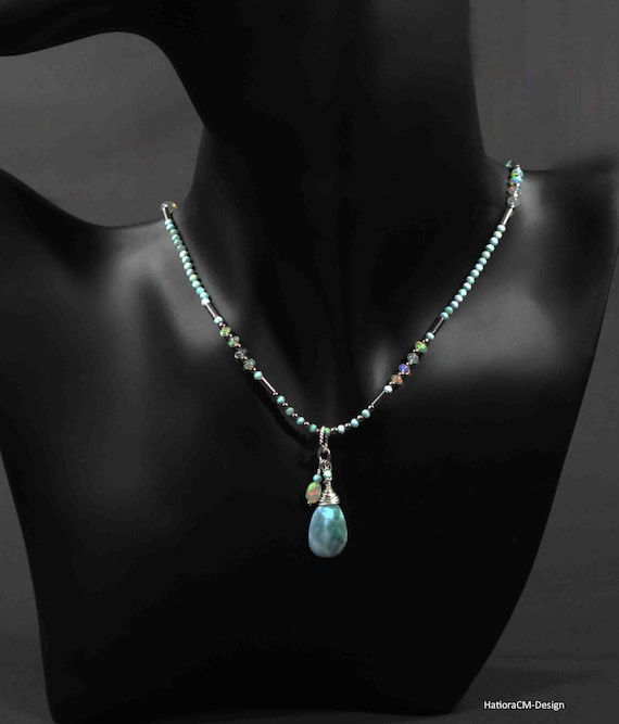 Larimar chain with Ethiopian Welo opals, intermediate parts and rhodium-plated silver carabiner closure (925)